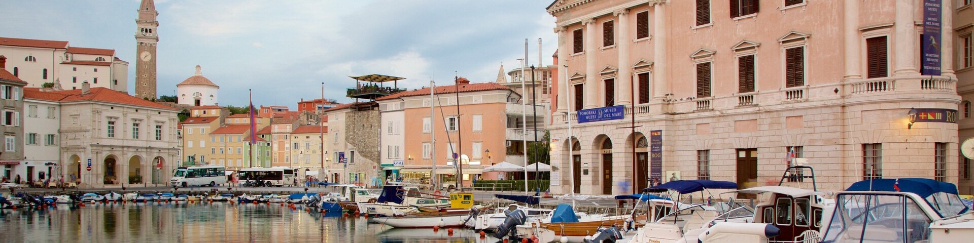Piran showing boating, a marina and a coastal town