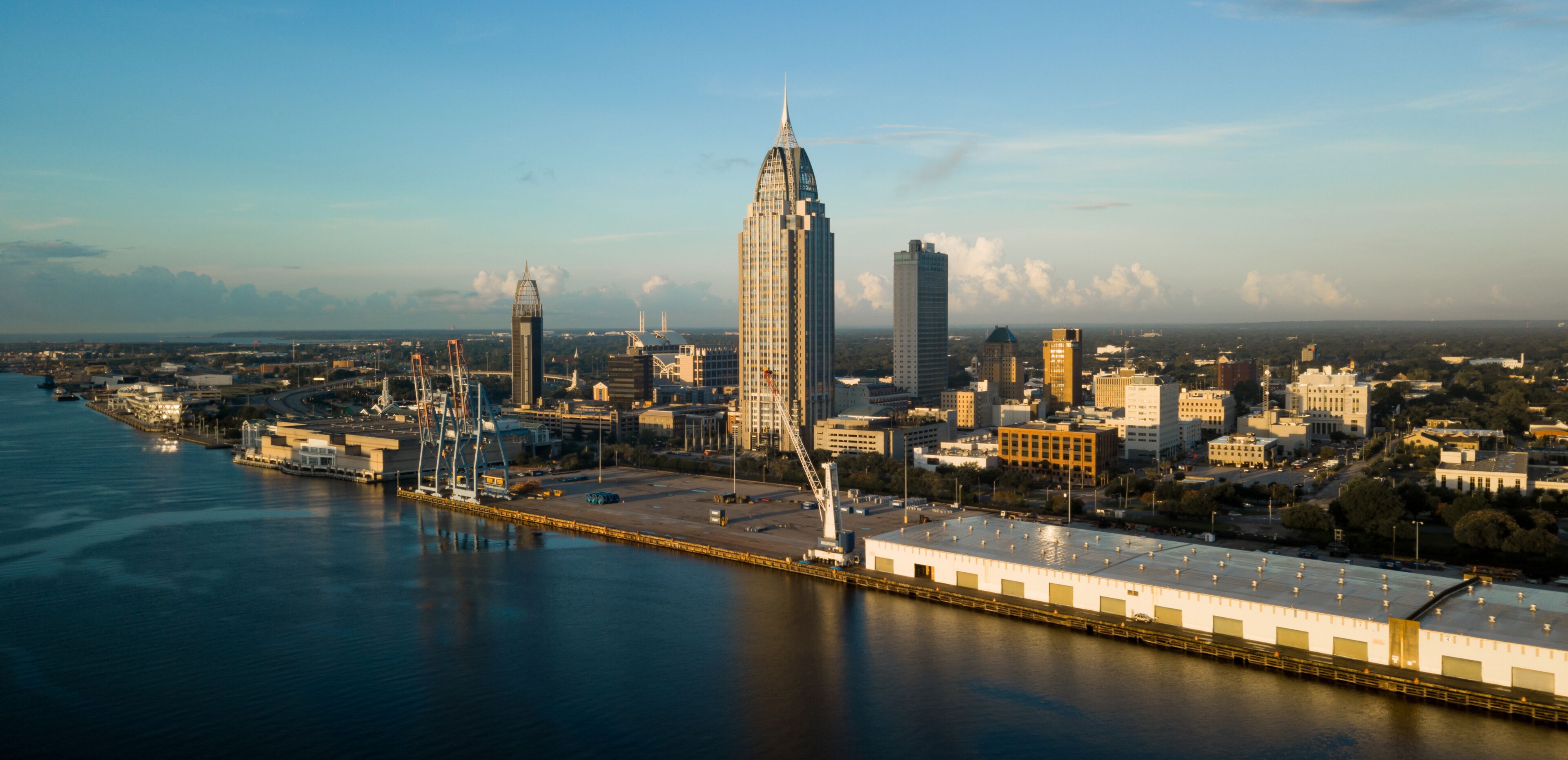 A city skyline with a prominent skyscraper, a waterfront, and a bridge.