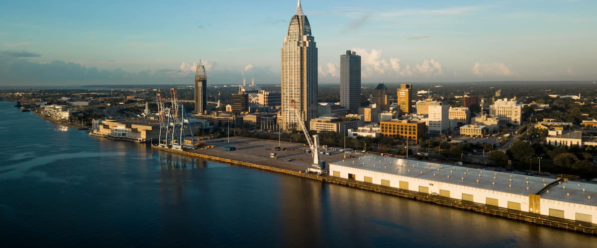 A city skyline with a prominent skyscraper, a waterfront, and a bridge.