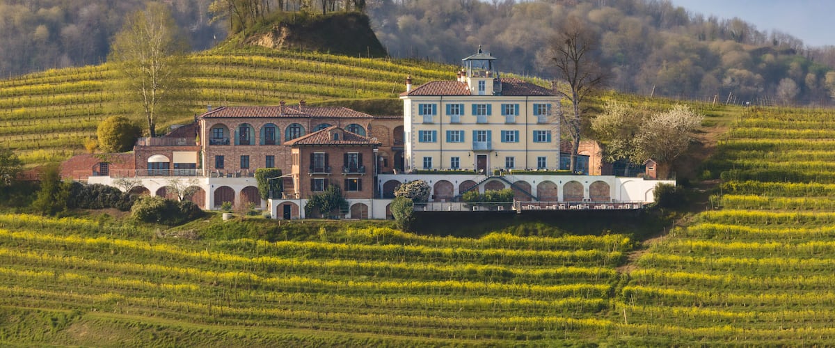 A large estate with terraced vineyards, a central building with arched windows, and a hilltop structure in the background.