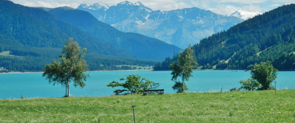 A lake surrounded by mountains and trees.