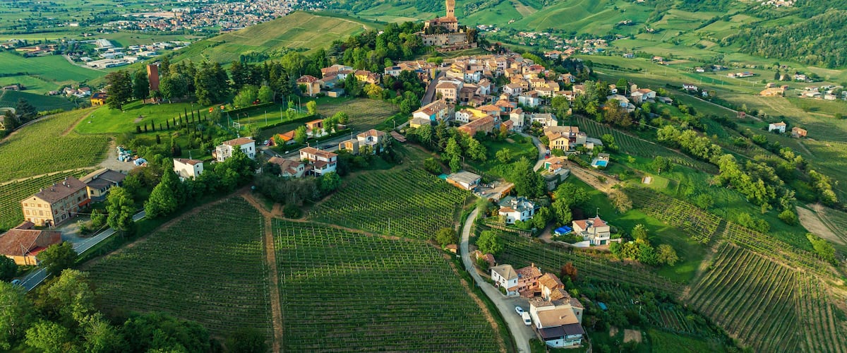 An aerial view of a town with vineyards, a prominent tower, and rolling green hills.