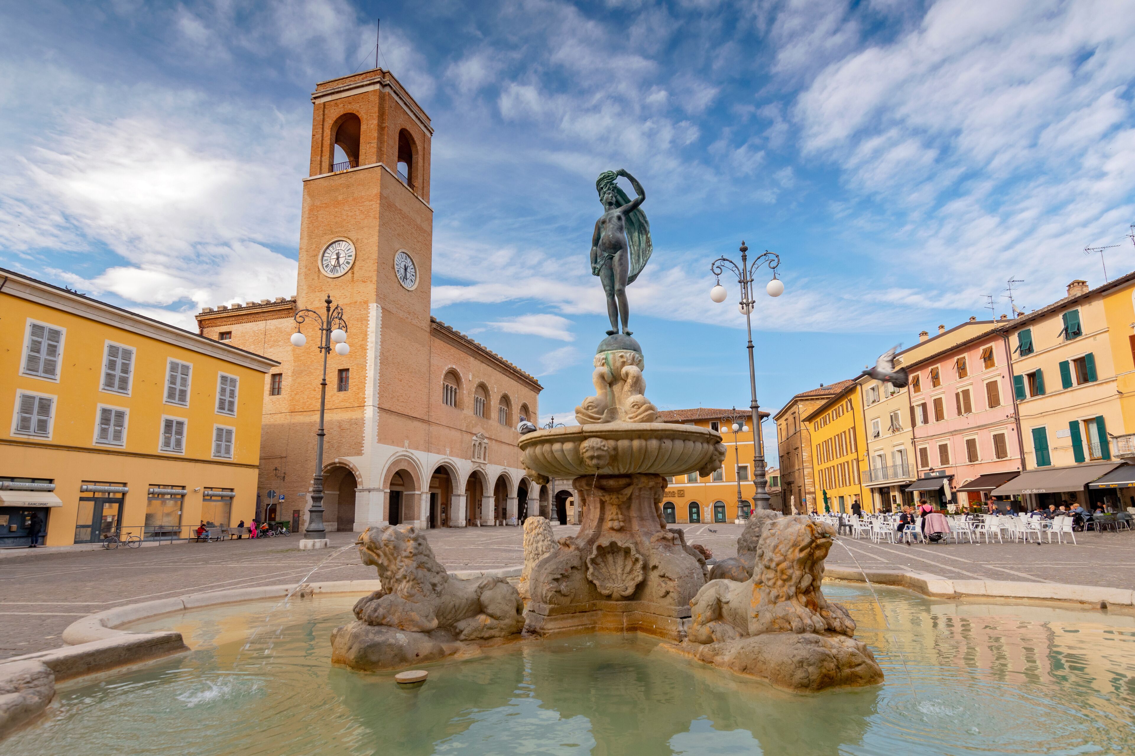 Fountain of Fortune and Palazzo del Podesta, Fano, Pesaro, Italy.