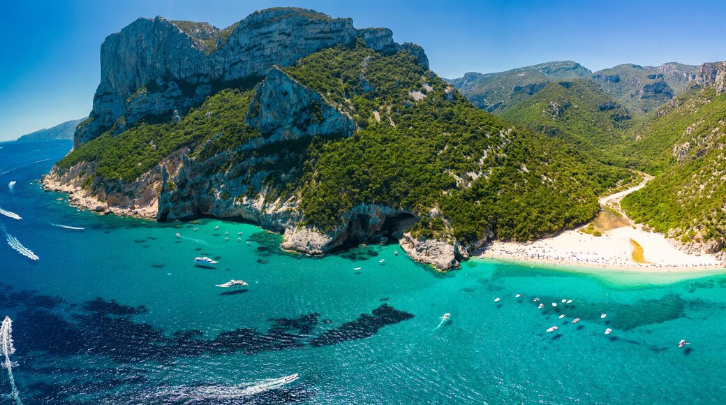 Aerial drone view of Cala Sisine beach in the Golf of Orosei, Sardinia, Italy