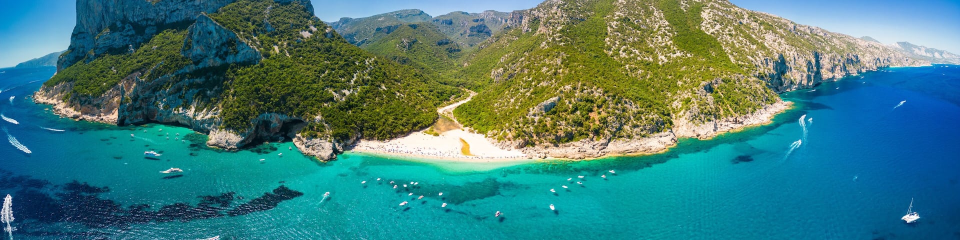 Aerial drone view of Cala Sisine beach in the Golf of Orosei, Sardinia, Italy