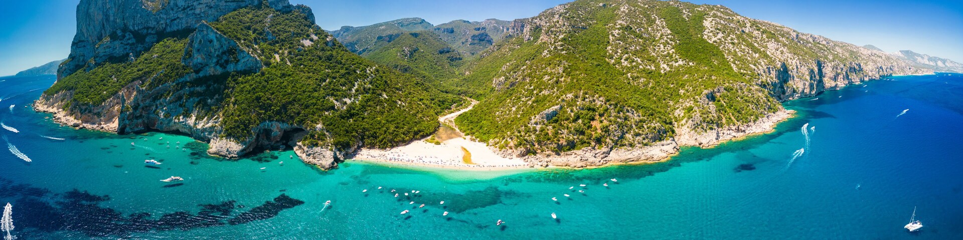 Aerial drone view of Cala Sisine beach in the Golf of Orosei, Sardinia, Italy