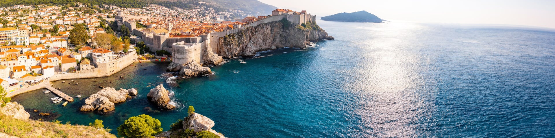 View from Fort Lovrijenac to Dubrovnik Old town in Croatia at sunset light