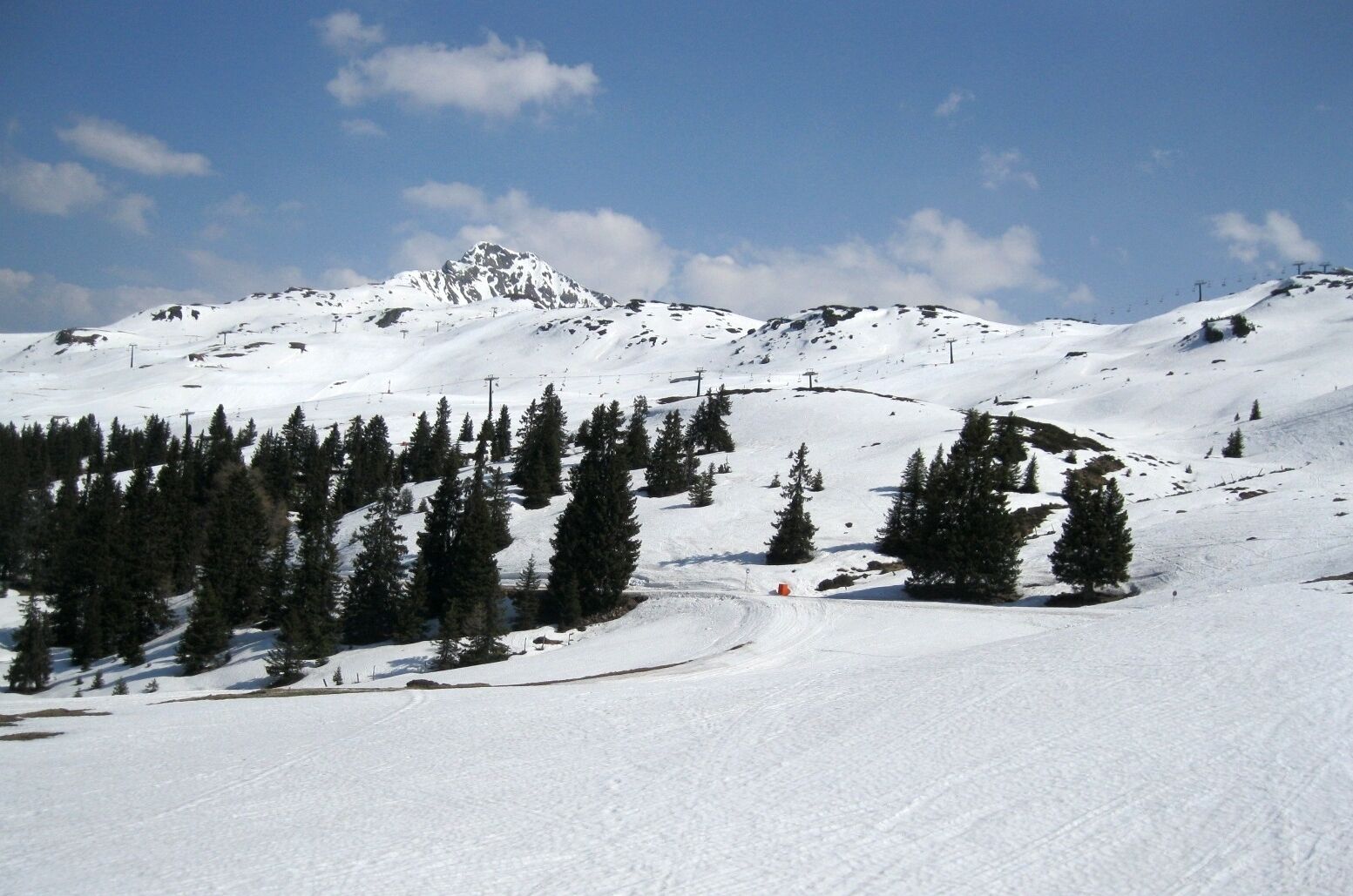 Montaña nevada con telesillas y árboles.