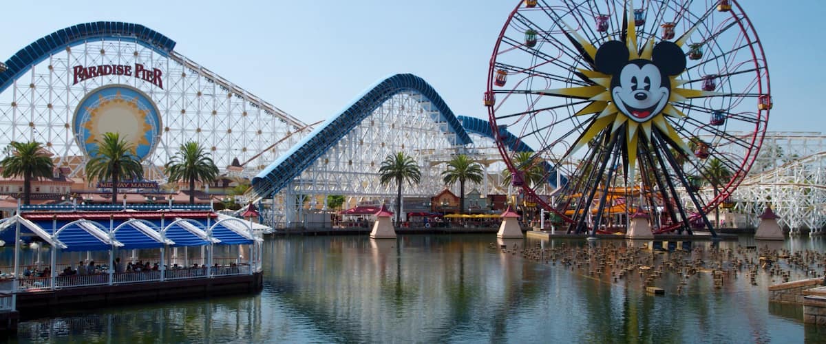 Experience excitement at Disney California Adventure Park with vibrant attractions and a stunning waterfront view in Anaheim, California