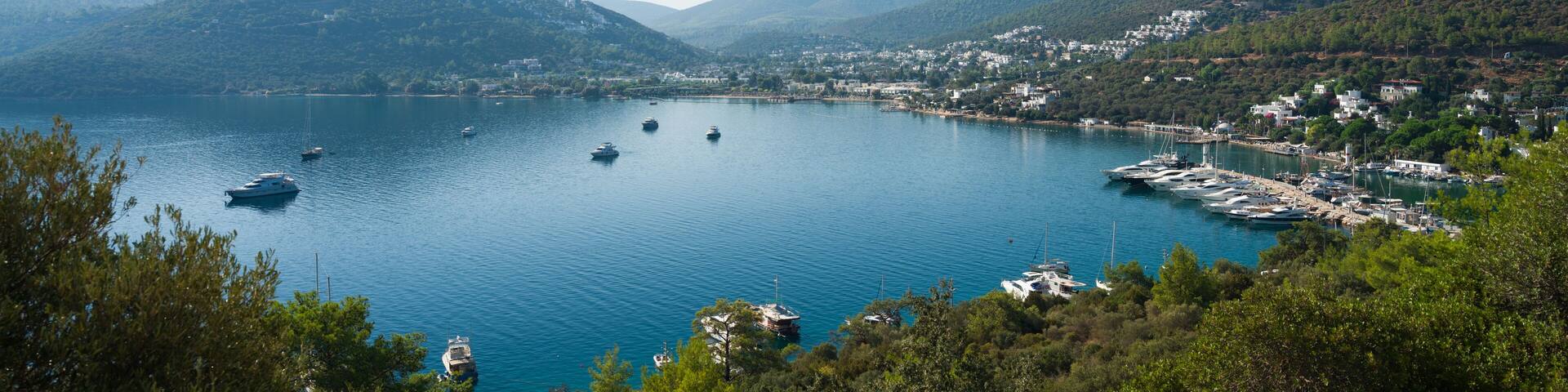 Torba bay and beach. Bodrum peninsula. Aegean coast. Turkey holidays and travel. Mugla city, Turkey - 4k video