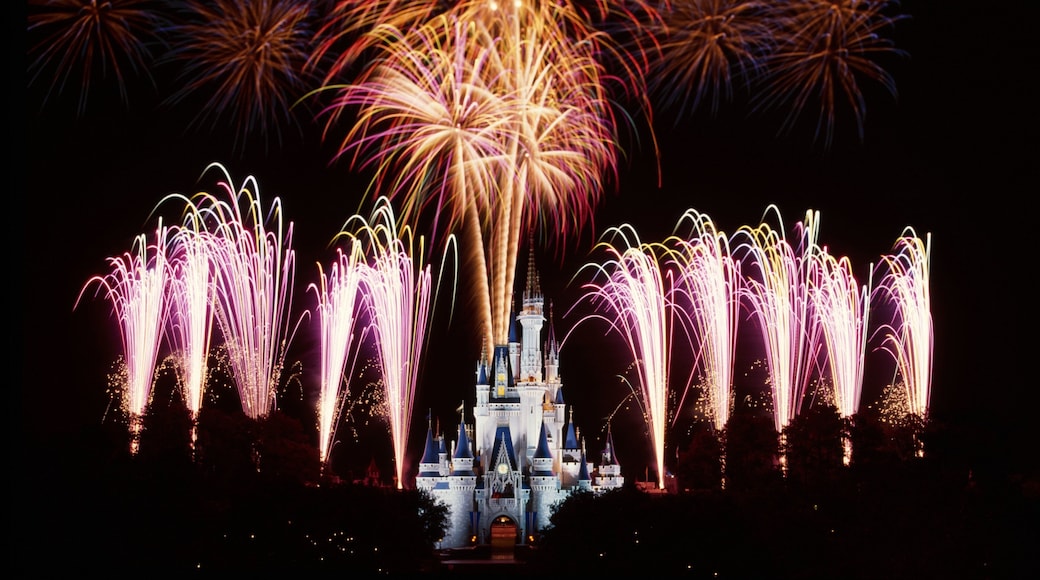 Fireworks illuminate the night sky over a magical castle in Lake Buena Vista, Florida