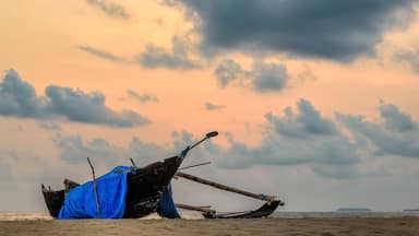 Fishing boat on a beach at sunset in India