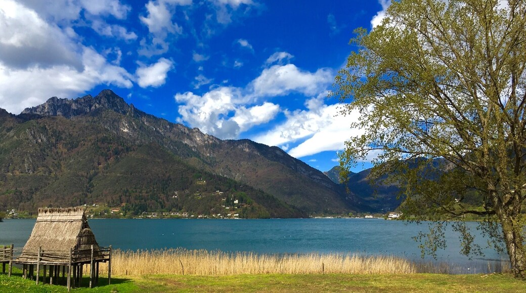 Lake Ledro, high up in the mountains near Lake Garda, with prehistoric stilt house