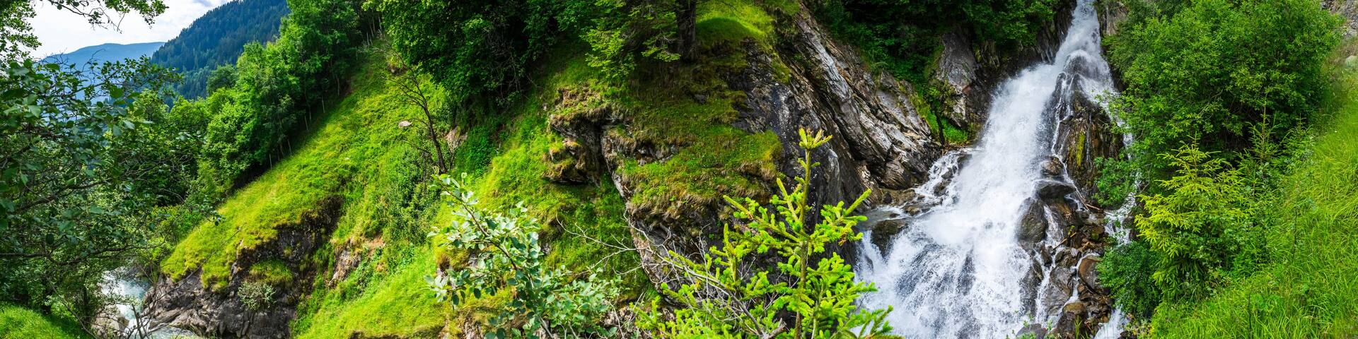 Hiking to the Parcines Waterfalls near Meran in South Tyrol Italy.