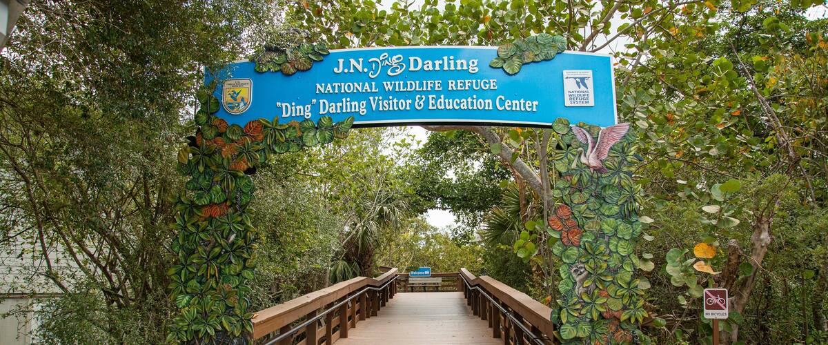 J. N. Ding Darling National Wildlife Refuge showing a bridge and signage