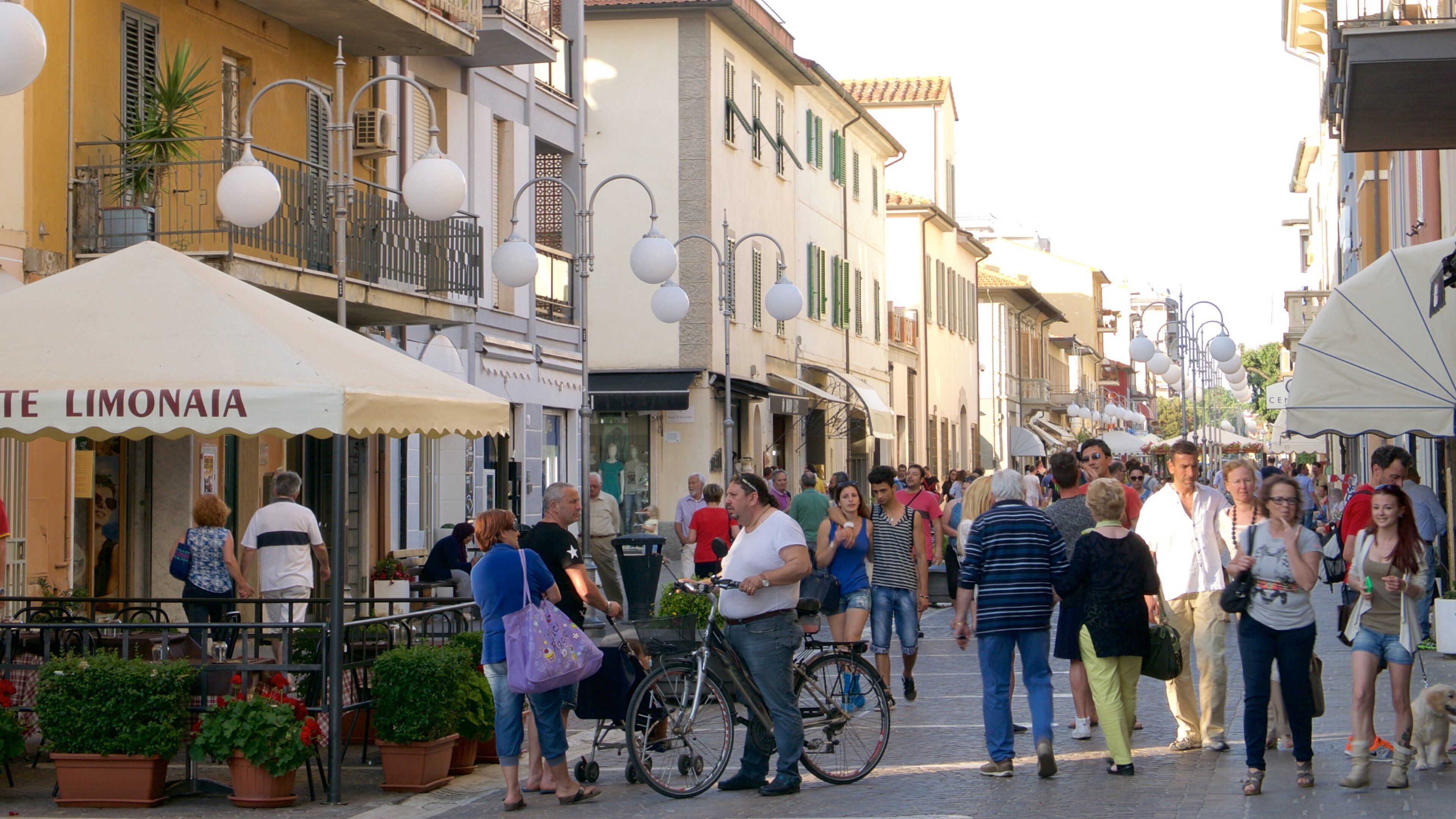 A crowded street with people walking, a bicycle, and a shop named "TE LIMONAIA".