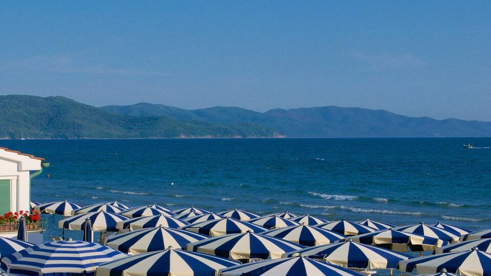 A beach with rows of striped beach umbrellas and a mountainous coastline in the background.