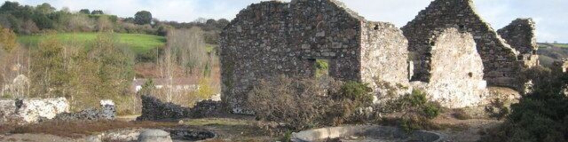 Remains of mine workings at Poldice mine The three circular pits in the foreground are buddles, where the tin particles would have been separated from the slurry.