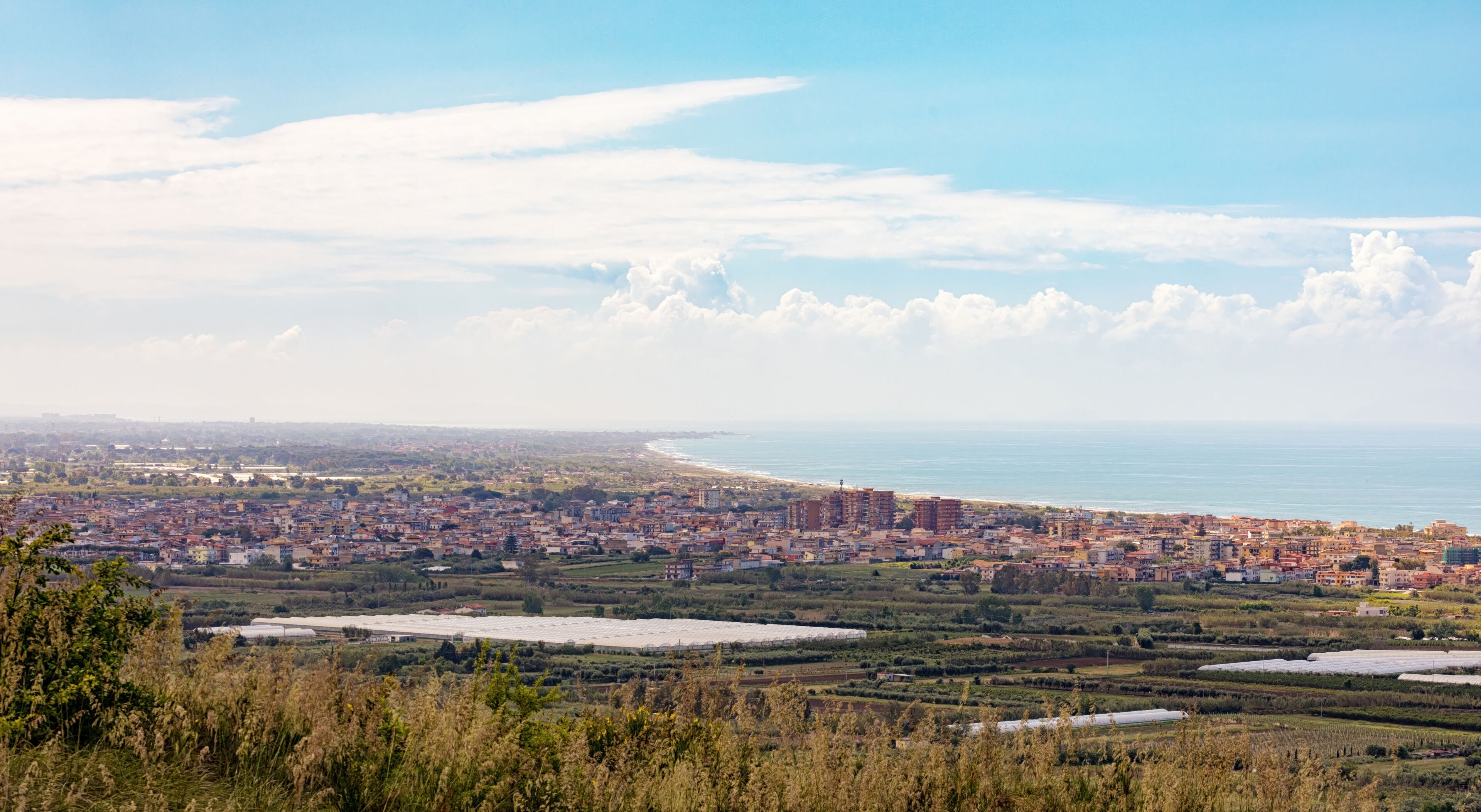Panoramic view of Mondragone city and Tyrrhenian sea in Italy