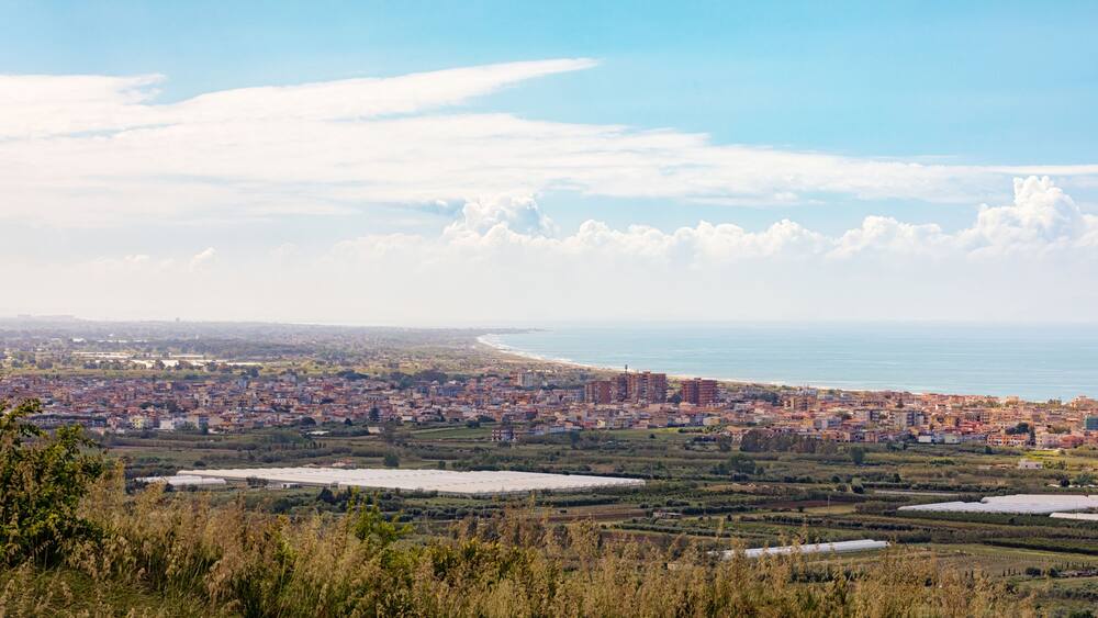 Panoramic view of Mondragone city and Tyrrhenian sea in Italy