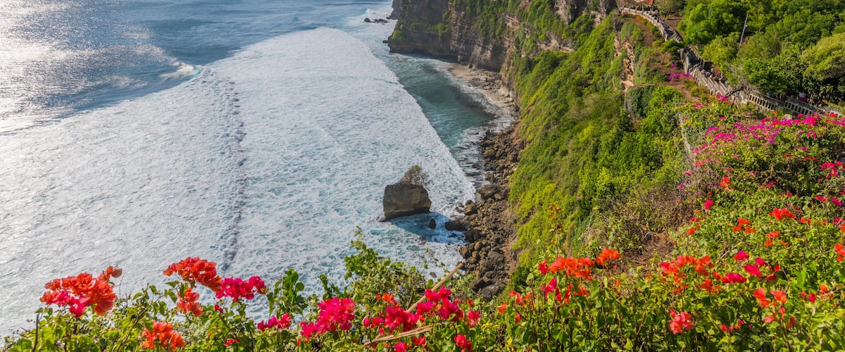 View of Uluwatu cliff with pavilion and blue sea in Bali, Indonesia; Shutterstock ID 1425933653; Purchase Order: -
