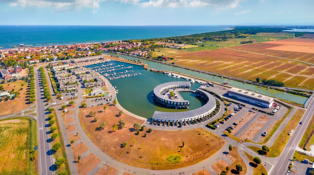 Magnificent summer view of Casal Borsetti port. View from flying drone of Adriatic sea, Italy, Europe. Traveling concept background..