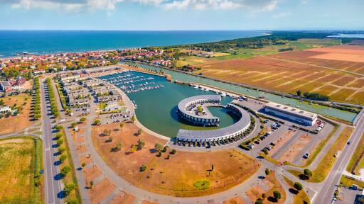 Magnificent summer view of Casal Borsetti port. View from flying drone of Adriatic sea, Italy, Europe. Traveling concept background..