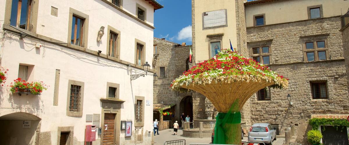 A historic town square with a clock tower, stone buildings, and a flower-adorned fountain.