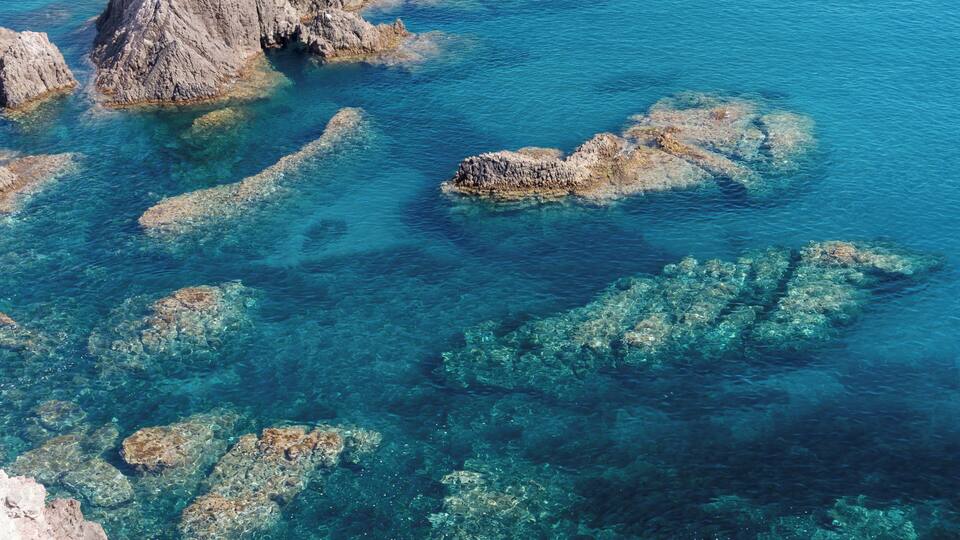 A rocky coastline with clear blue waters and visible marine life.