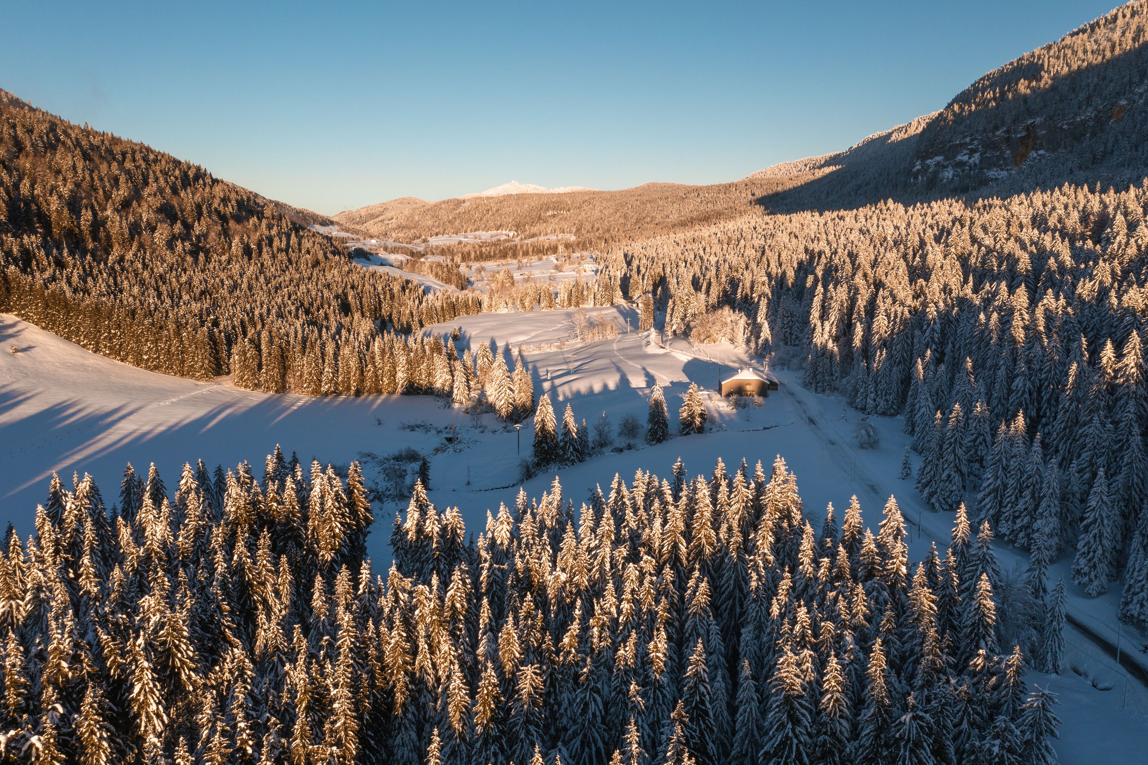 Vue aérienne drone de la vallée de la Valserine enneigée, avec la lumière chaude et rasante du coucher de soleil sur les arbres