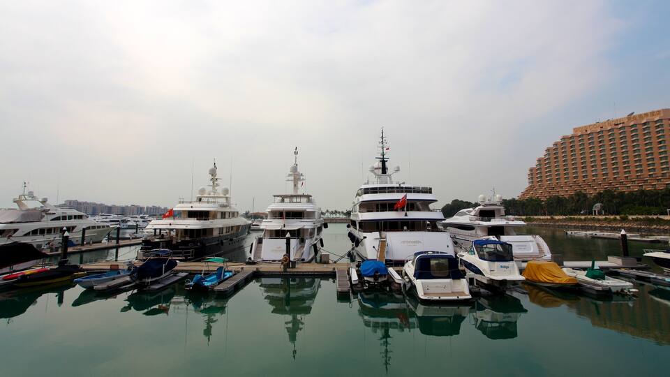 A marina with multiple yachts docked, a large hotel in the background, and calm water reflecting the boats.