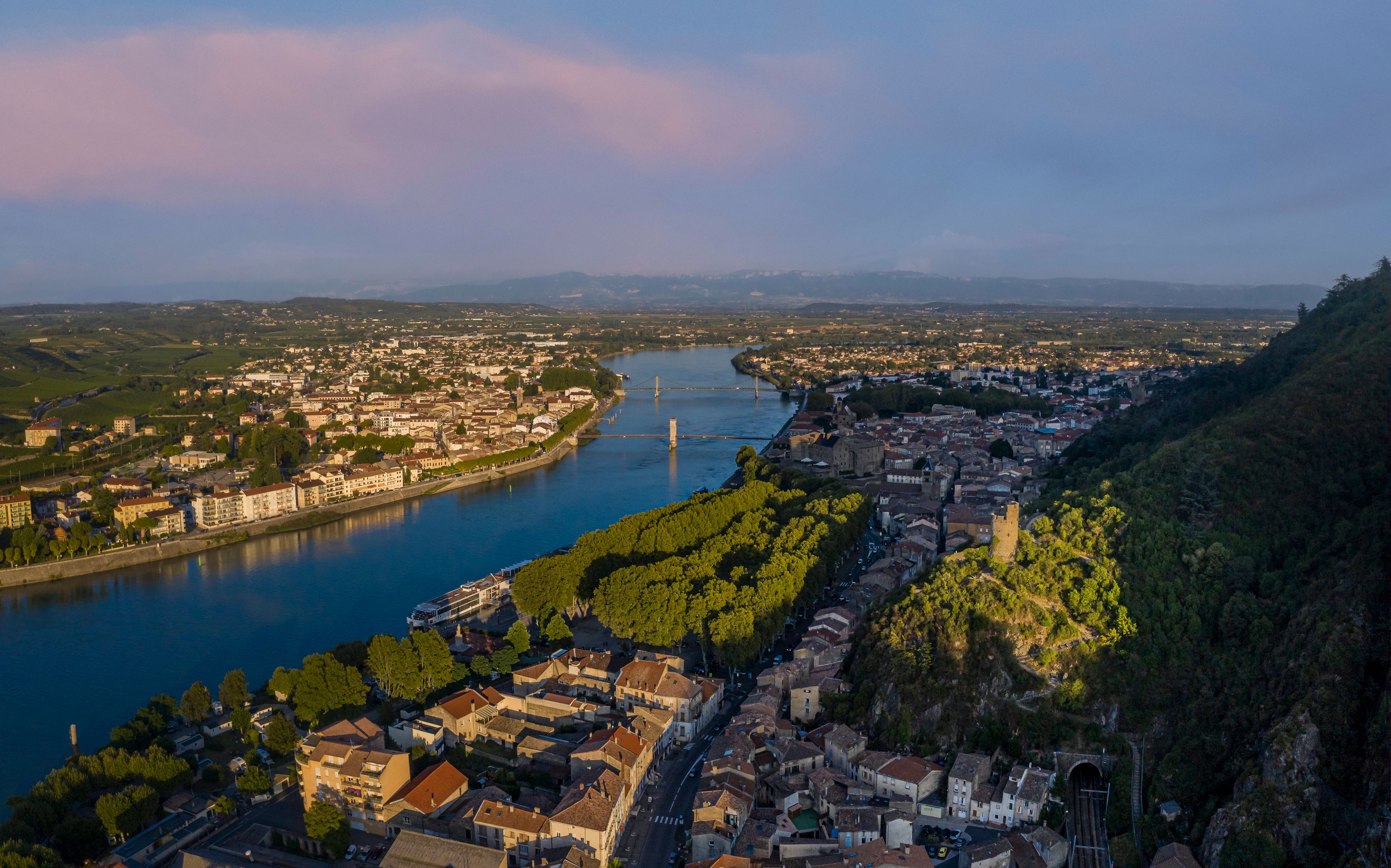 France, Tournon Sur Rhone, Townscape with river at sunset