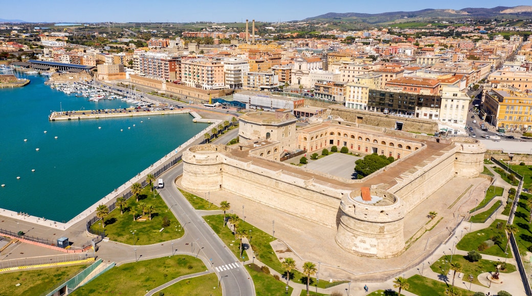 Aerial view of Fort Michelangelo, located in the port of Civitavecchia, in the Metropolitan City of Rome, Italy. The castle is in the shape of a quadrilateral and is located on the city's waterfront.