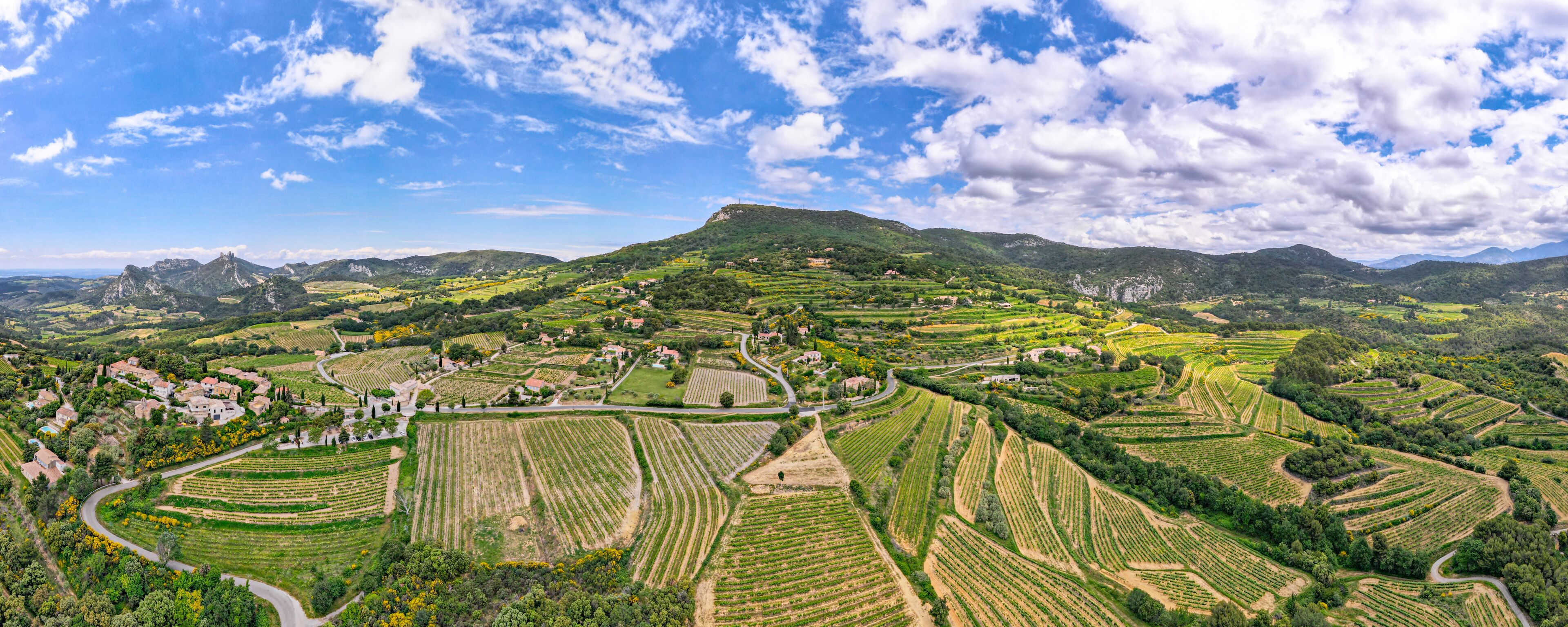 Terraced vineyards, rolling hills, and a castle-like structure.
