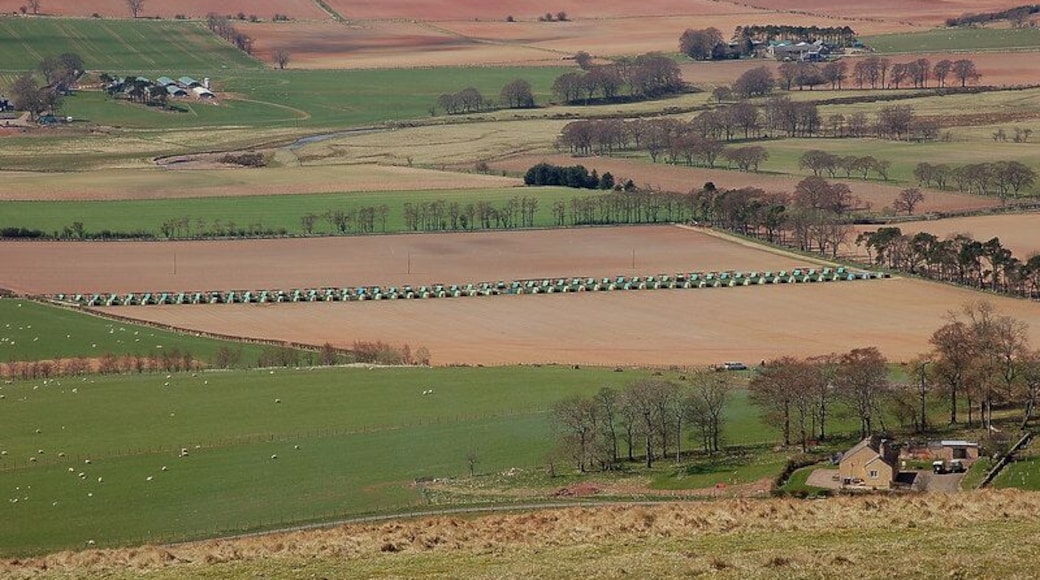 Field patterns in Lauderdale, Scottish Borders, Scotland. Fields near the Leader Water and a long line of plastic-wrapped bales as seen from the summit of Dabshead Hill. The reddish soil has been derived from Devonian sandstones and is characteristic of this eastern part of the Borders.