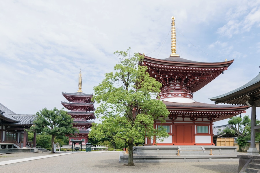 境内から多宝塔と五重塔を同時に望む