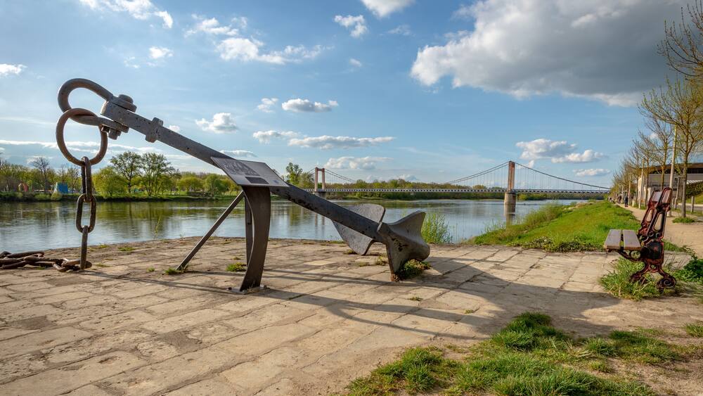 One old anchor on the edge of the Loire River in Cosne-Cours-sur-Loire, Burgundy, France