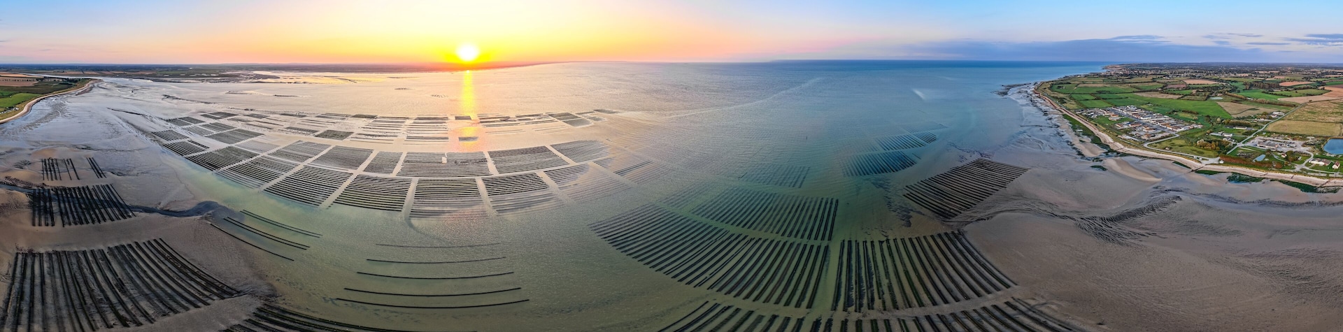 Aerial view of Oyster farm at sunset