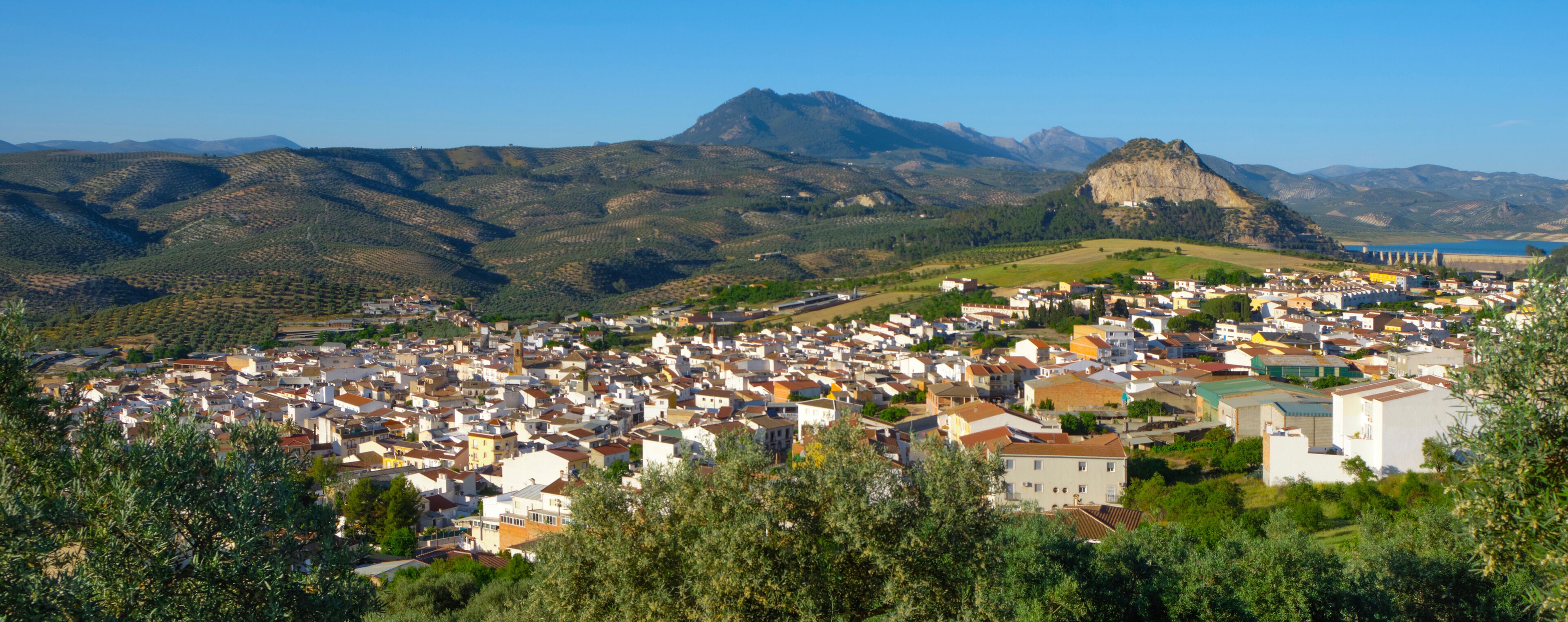 A town nestled in a valley with mountains in the background.