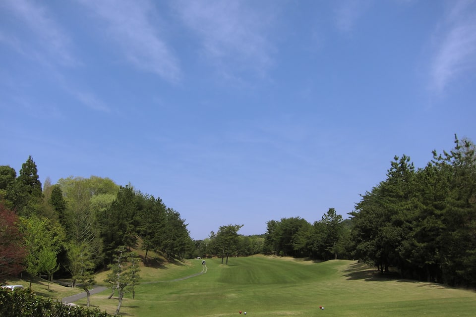 Camp de golf sota un cel blau, amb gespa verda i arbres.