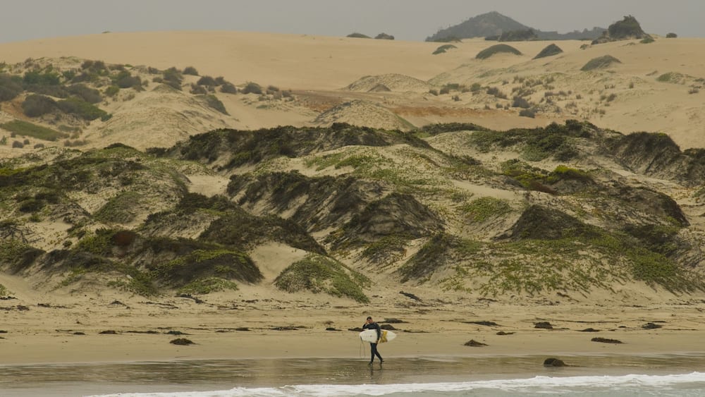 A man in a wetsuit walks on a beach shore with a surfboard near Pichidangui Chile