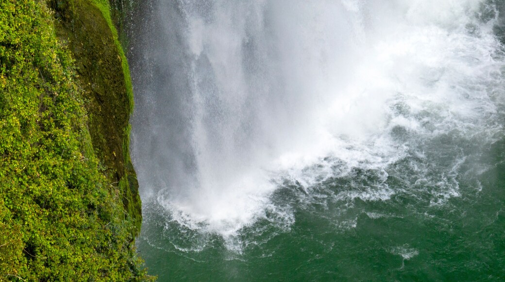 Aerial closeup of a small waterfall flowing into a pond.