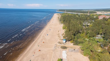 Estonia, narva jõesuu,.May 26, 2021 Coast of the Gulf of Finland, sandy coast. Summer day, drone view of the resort town at the mouth of the Narva in the Baltic States