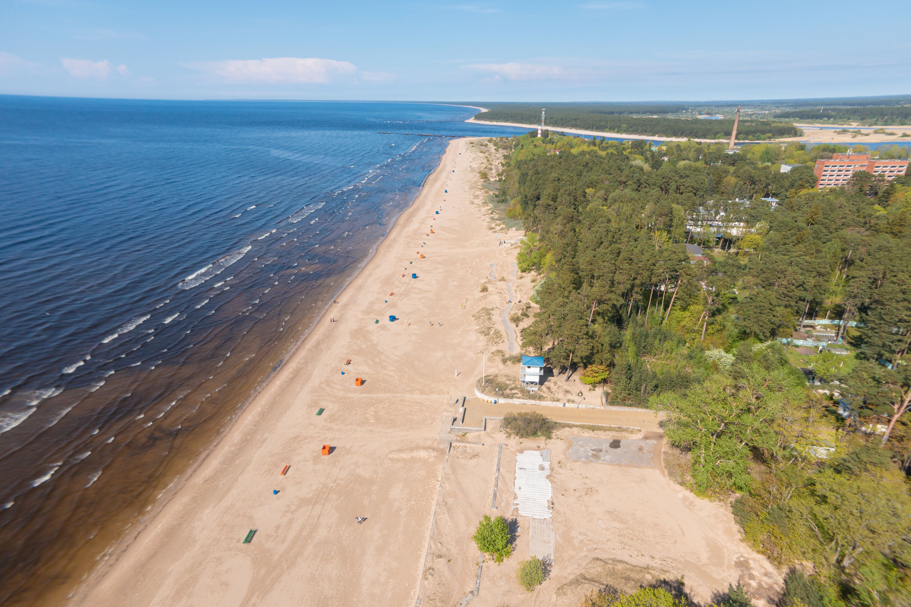 A coastal beach with a sandy shore, a forested area, and a distant bridge.