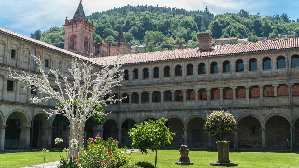 A historic courtyard with a large tree, a stone fountain, and a building with a bell tower.