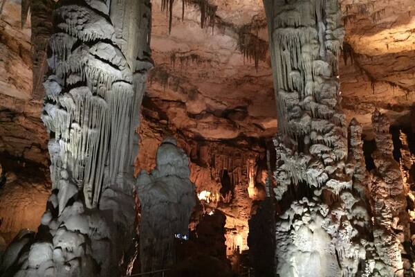 The namesake stalactites forming the "cathedral" within Cathedral Caverns