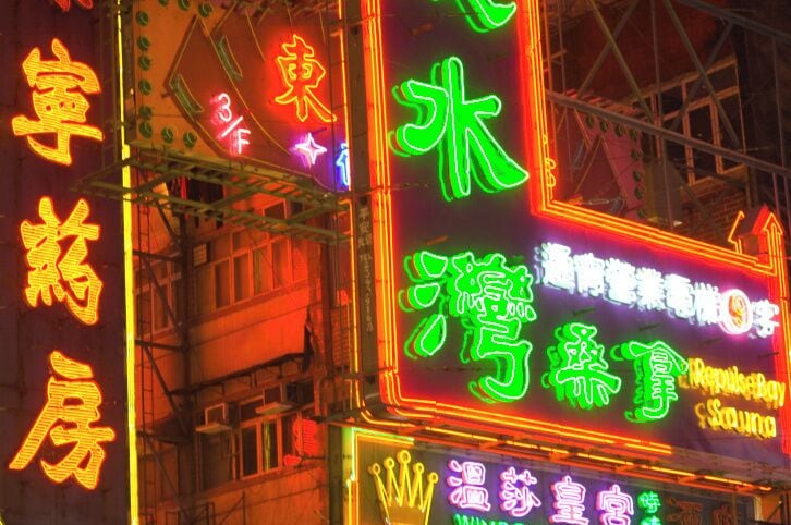 China, Hong Kong, Kowloon, Nathan Road, neon lights at night