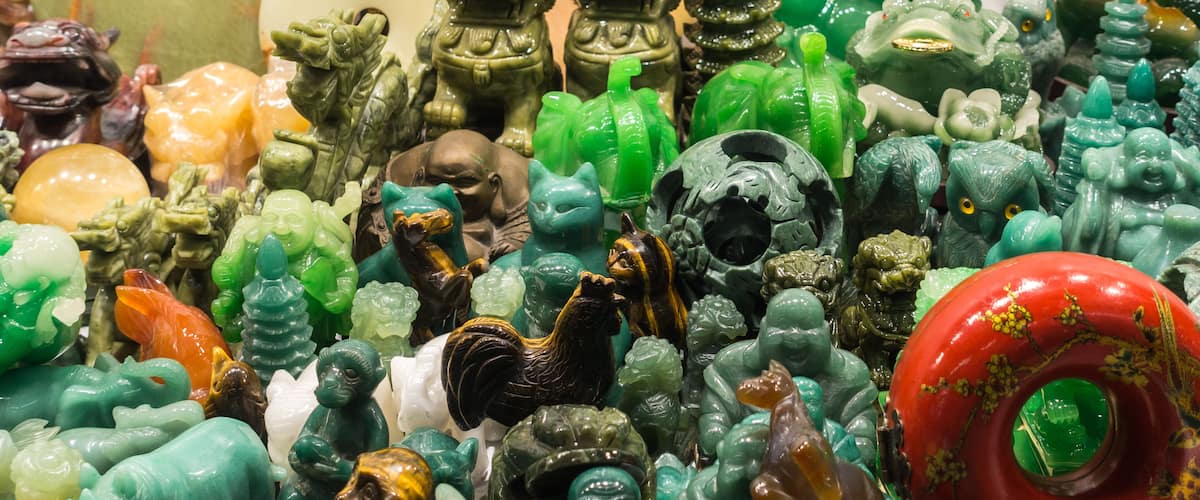 Close-up of Jade statues and souvenirs at the Jade Market, Hong Kong, Kowloon, Yau Ma Tei, Shutterstock ID 1236708733, Purchase Order: SP-1880, Order Number: SP-1880 Hcom Go Guides, Client/Licensee: H