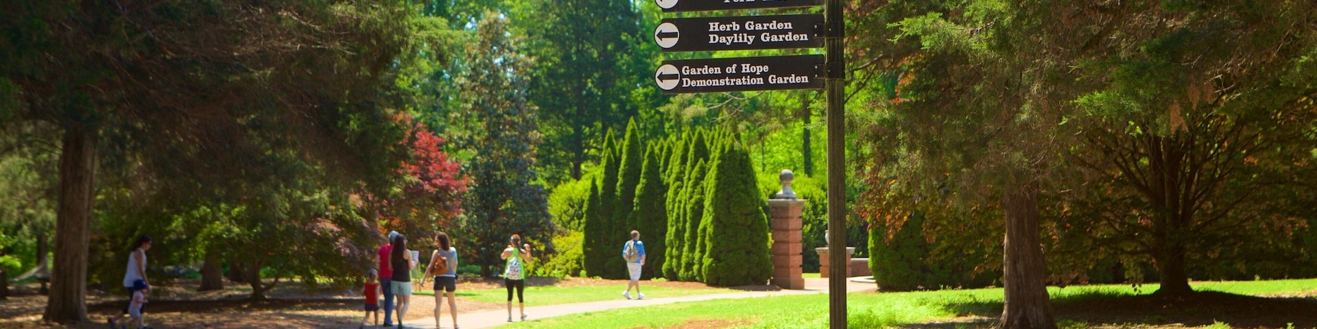 Um parque com um sinalizador listando nomes de jardins e trilhas.