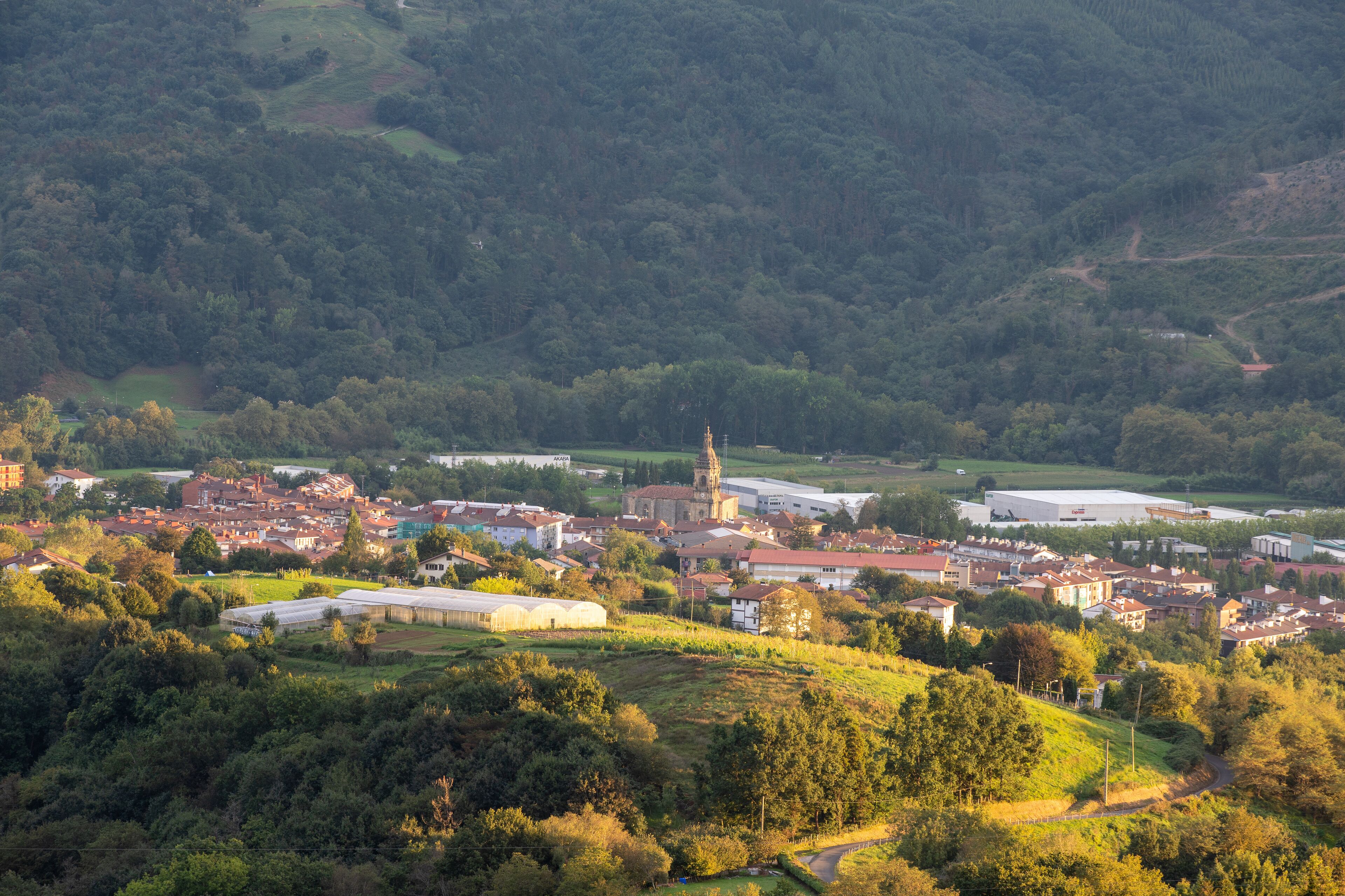 Aerial drone view of the small town named Usurbil in North Spain